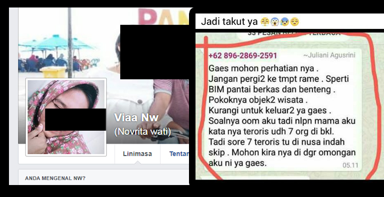 Akun Facebook yang memposting kabar adanya 7 teroris di Bengkulu dan pesan Whatsapp screnshot