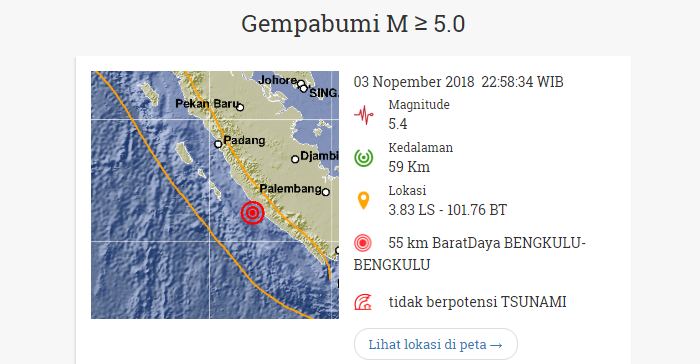 Gempa bumi melanda Bengkulu, Sabtu malam (3/11/2018)
