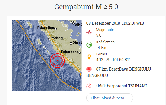 Gempa bumi melanda Bengkulu pada Sabtu (8/12/2018) siang