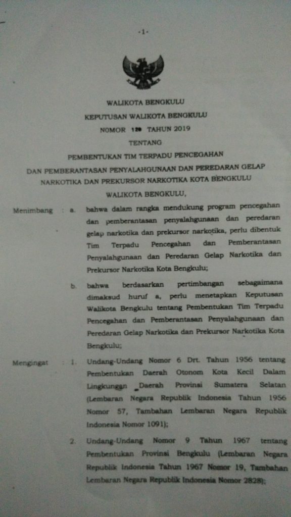Keputusan Wali Kota Bengkulu.